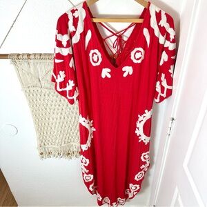 ✌🏽 Free People Bohemian Beach Gypsy Red and White Embroidered Boho Dress Small